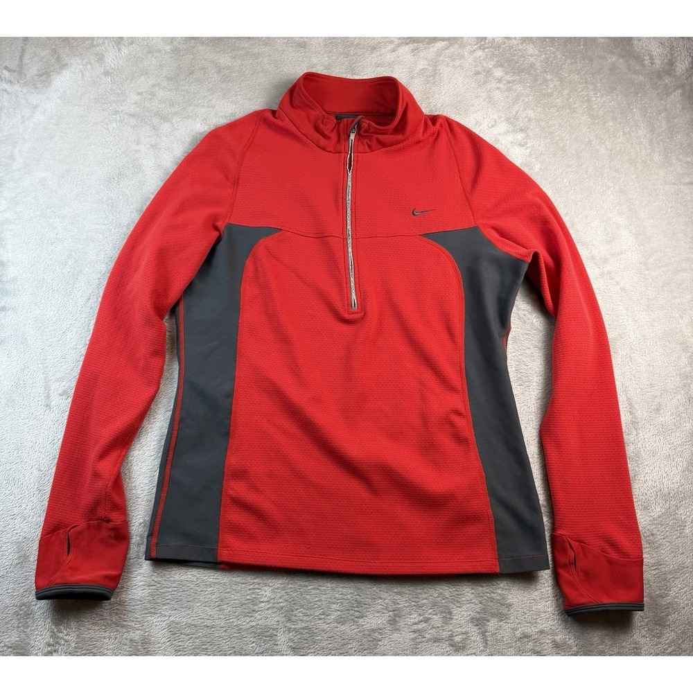 NIKE Sphere Dry Youth Large 1/4 Zip Pullover Long Sleeve Running Red Gray